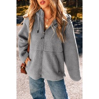 Medium Grey Fleece Zip Up Drawstring Hooded Pocketed Jacket - 2XL thumbnail