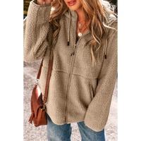 Pale Khaki Fleece Zip Up Drawstring Hooded Pocketed Jacket - 2XL thumbnail