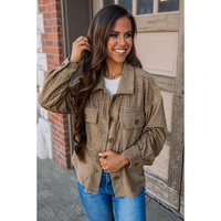 Dark Khaki Textured Chest Pocket Button-up Shacket - L thumbnail