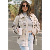 Khaki Western Aztec Print Sherpa Splicing Buttoned Flap Pocket Coat - S thumbnail