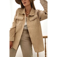 Light French Beige Solid Frilled Flap Pocket Button Up Corduroy Shacket - L thumbnail