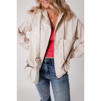 White Corduroy Drawstring Hooded Pocket Zip Up Jacket - L thumbnail