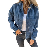 Real Teal Corduroy Drawstring Hooded Pocket Zip Up Jacket - S thumbnail