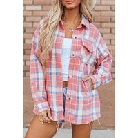 Pink Plaid Flap Pocket Button Up Shacket - L thumbnail