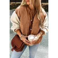 Buckskin Corduroy Fleece Patchwork Buttoned Bomber Jacket - L thumbnail