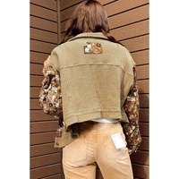 Khaki Waffle Knit Floral Print Patchwork Button up Jacket - M thumbnail