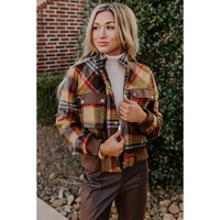 Brown Plaid Print Chest Pockets Button Zipper Stand Neck Jacket - L thumbnail