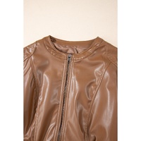 Chestnut Solid Faux Leather Zipper Slim Fit Bomber Jacket - L thumbnail