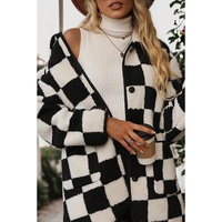Black Checkered Side Pockets Collared Buttoned Fleece Jacket - 2XL thumbnail