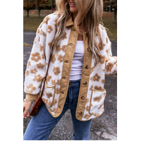 Light French Beige Cute Flower Pattern Button Up Fleece Jacket - 2XL thumbnail