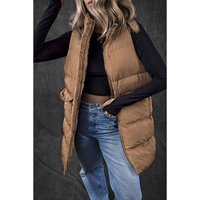 Coffee Windproof Longline Full Zipper Puffer Vest with Pockets - XL thumbnail