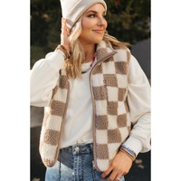 Khaki Checkered Sherpa Collared Jacket Vest - L thumbnail