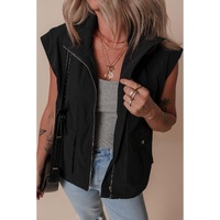 Black Flap Pockets Zip Up High Neck Vest - M thumbnail