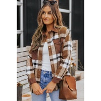 Brown Pocketed Buttoned Plaid Shirt Jacket - L thumbnail