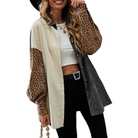 Gray Color Block Leopard Patched Corduroy Shacket - M thumbnail