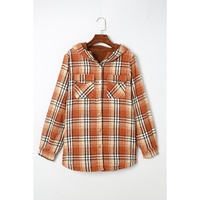 Orange Plaid Pattern Sherpa Lined Hooded Shacket - S thumbnail