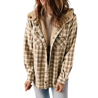 Khaki Plaid Pattern Sherpa Lined Hooded Shacket - XL thumbnail