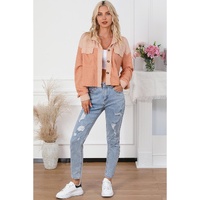 Orange Textured Waffle Knit Chest Pockets Cropped Shacket - S thumbnail
