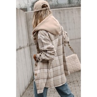 Khaki Plaid Removable Hood Buttoned Shacket - L thumbnail