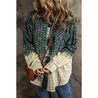 Blackish Green Contrast Plaid Patchwork Chest Pocket Button up Shacket - L thumbnail