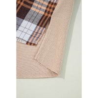 Khaki Thermal Knit Plaid Patchwork Shacket - M thumbnail