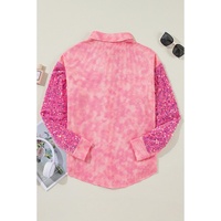 Apricot Pink Mineral Wash Sequin Patchwork Flap Pocket Shacket - S thumbnail