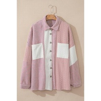 Pink Houndstooth Color Contrast Textured Patchwork Loose Shacket - 2XL thumbnail