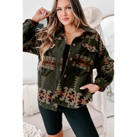 Green Aztec Print Flap Pockets Long Sleeve Shacket - XL thumbnail