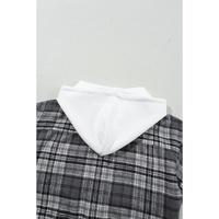 Black Plaid Print Flap Pockets Contrast Hooded Loose Shacket - S thumbnail