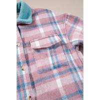 Pink Plaid Print Color Block Collared Flap Pockets Loose Shacket - M thumbnail