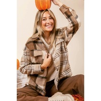 Light French Beige Flannel Plaid Double Flap Pocket Shacket - M thumbnail