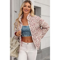 Pink Floral Print Contrast Edge Pocketed Stand Neck Jacket - M thumbnail