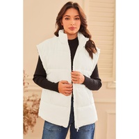 Beige  Zipper Stand Neck Oversized Puffer Vest - L thumbnail