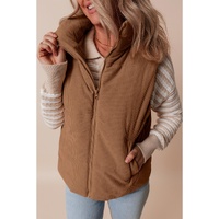 Coffee Corduroy Stand Neck Zipped Puffer Vest - XL thumbnail