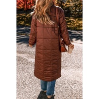 Coffee Quilted Puffer Stand Neck Zipped Mid-length Coat - L thumbnail