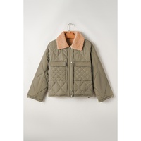 Jungle Green Teddy Collar Flap Pockets Quilted Puffer Jacket - M thumbnail