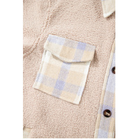 Smoke Gray Plaid Patchwork Collared Button-up Sherpa Long Coat - XL thumbnail