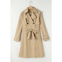 Pale Khaki Solid Color Lapel Collar Waist Tie Wind Coat - M thumbnail