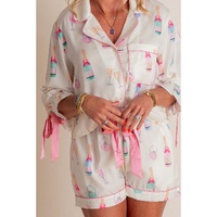 White Plus Size Wine Glass Print Bow Knot Pajama Set - 2X thumbnail