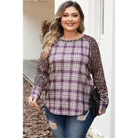 Chestnut Plus Size Leopard Raglan Sleeve Plaid Top - 1X thumbnail