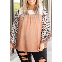 Khaki Printed Plus Ruffle Leopard Sleeve Waffled Color Block Top - 1X thumbnail
