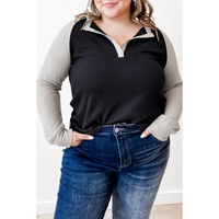 Black Color Contrast Waffle Knit Buttoned Plus Size Top - 3X thumbnail