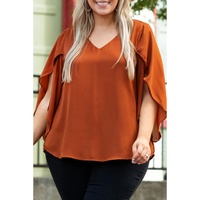 Gold Flame Plus Size Solid Wrapped Ruffled Sleeve V Neck Blouse - 1X thumbnail