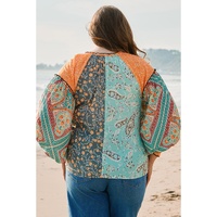 Green Floral Patchwork Lantern Sleeve Buttoned V Neck Plus Size Blouse - 2X thumbnail