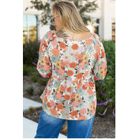 Khaki Plus Size Flower Print Square Neck Peplum Blouse - 1X thumbnail