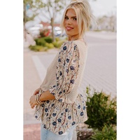 Beige Faux Two Piece Knit Patchwork Floral Print Plus Size Top - 1X thumbnail