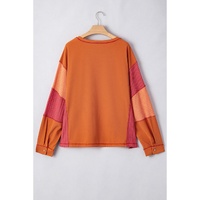 Orange Textured Knit Color Block Patchwork Chest Pocket Plus Size Top - 1X thumbnail