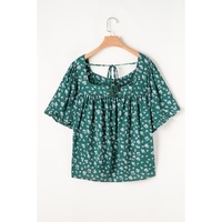 Green Floral Print Square Neck Ruffled Trim Plus Size Blouse - 3X thumbnail