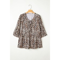 Khaki Leopard Print Lace-up Ruffled 3/4 Sleeve Plus Size Blouse - 1X thumbnail