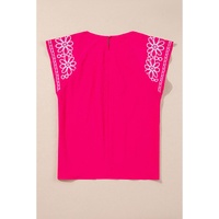 Strawberry Pink Floral Embroidered Flutter Sleeve Pleated O Neck Plus Size Blouse - 3X thumbnail